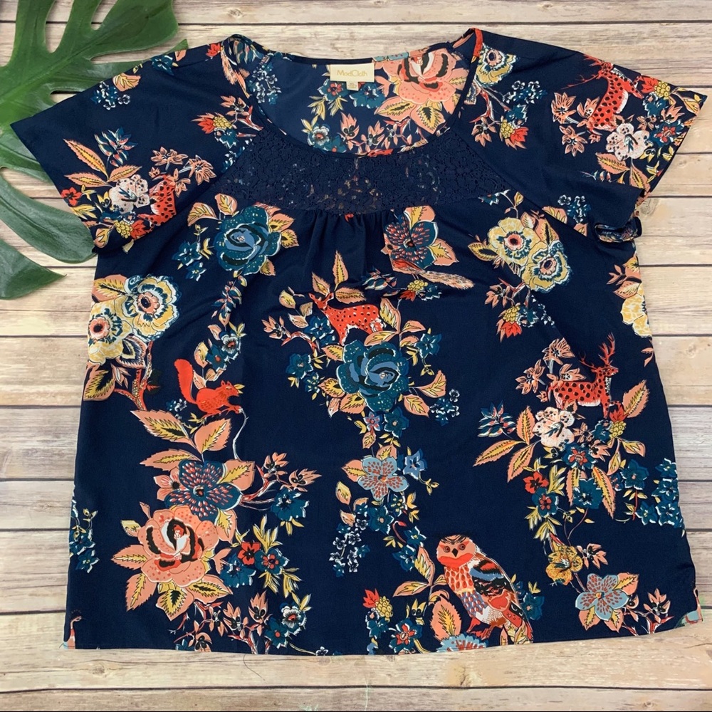 Modcloth Navy Floral & Bird Print Crochet Yoke Blouse
